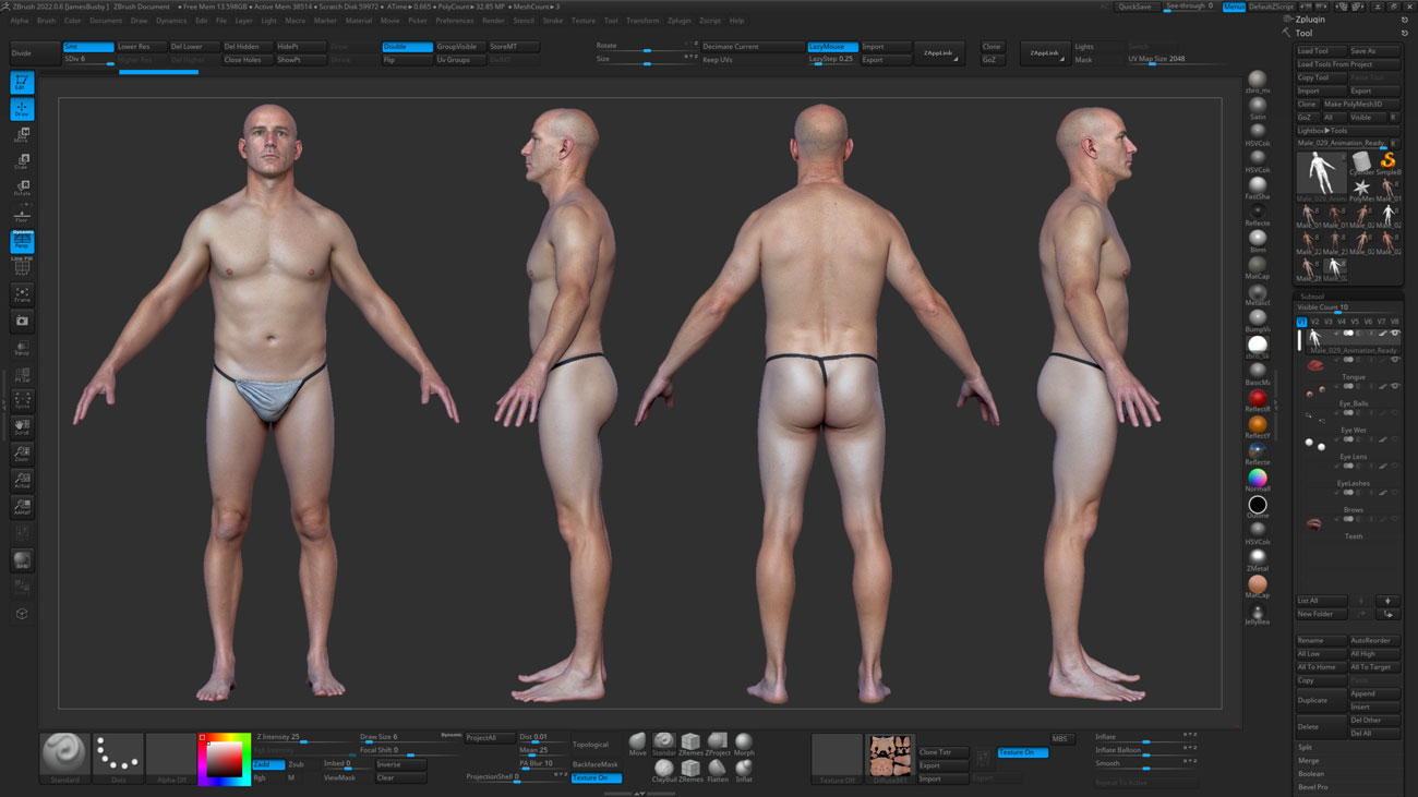 ZBrush ZTool render of a male body scan at high subdivision level showing sculpt-ready quad mesh geometry